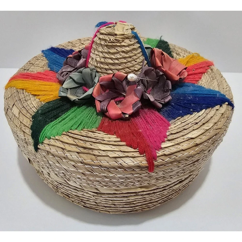 Vintage Hand Woven Multicolor Mexican Basket With Lid - Picture 2 of 2